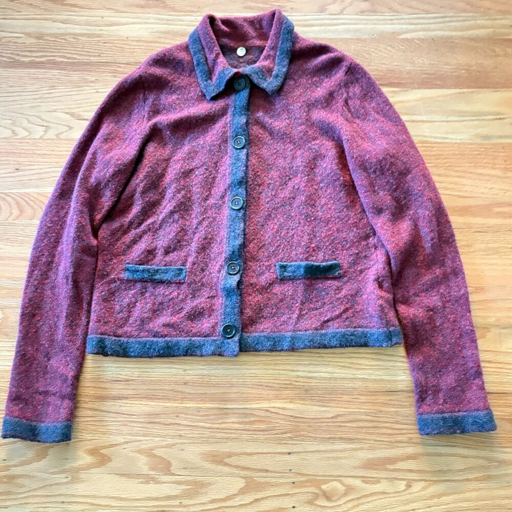 MARGARET O'LEARY Red Gray Comfort Sustainable Collared Sweater Womens Size Large